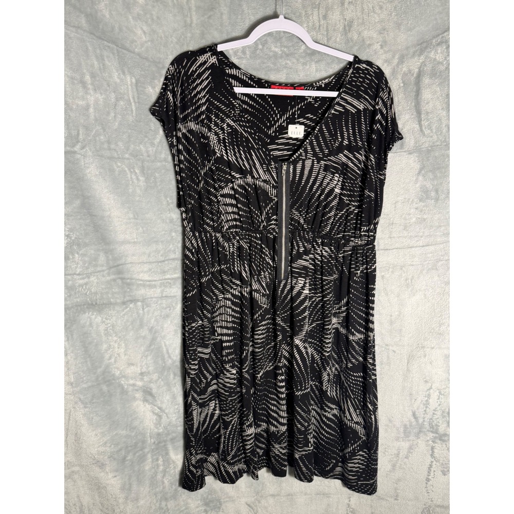 Elle Womens XL Black White Abstract Print Half Zip Empire Waist Dress New